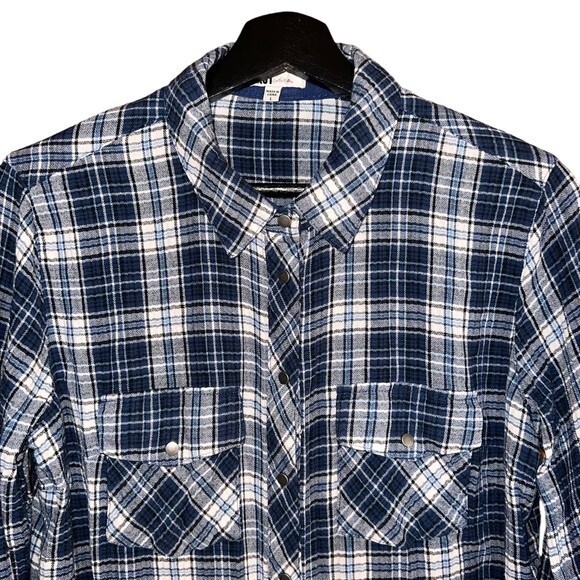 Kut From The Kloth Blue Plaid Snap Front Roll Tab Shirt Top Size L - Picture 2 of 13